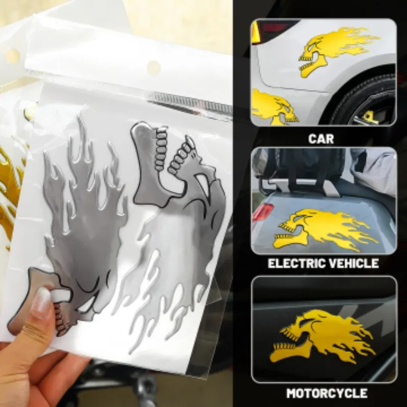 

2pcs/set Fire Ghost Skull Head Auto Hurricane Chrome Plating Motorcycle 3D Stickers Silver Golden Skeleton Fuel Tank Sticker