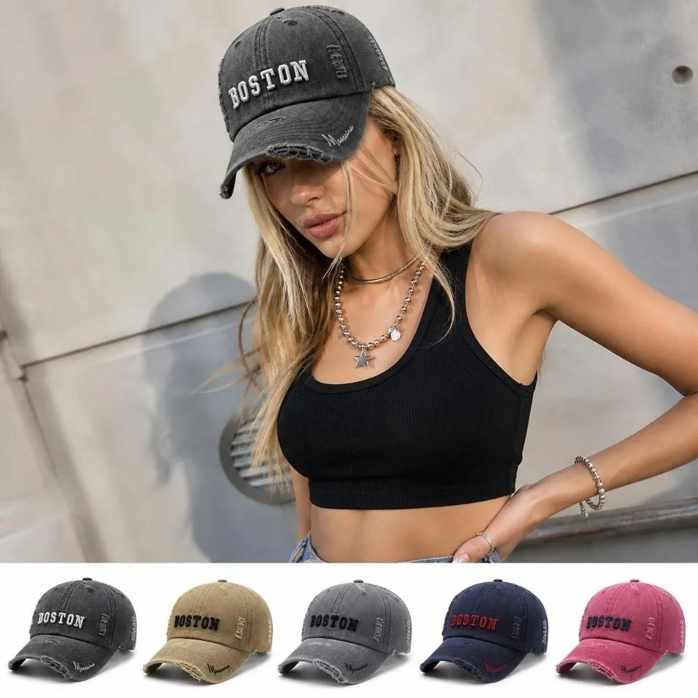 Fashion Washed Cotton Baseball Cap Adjustable Breathable Trucker Cap Sun Protection Boston Letter Embroidered Dad Hat Men Women