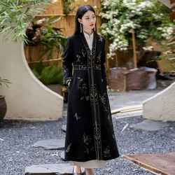 High-end Autumn Women Trench Coat Retro Elegant Embroidery A-line Lady Party Hanfu Dress S-XXL