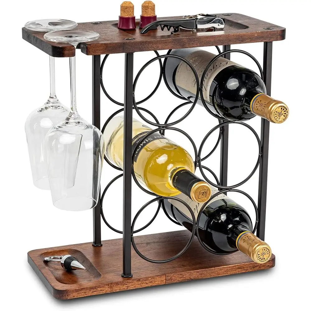 

Wooden Wine Rack with Glass Holder, Home Decor & Kitchen Storage Solution (Holds 6 Bottles, 2 Glasses)