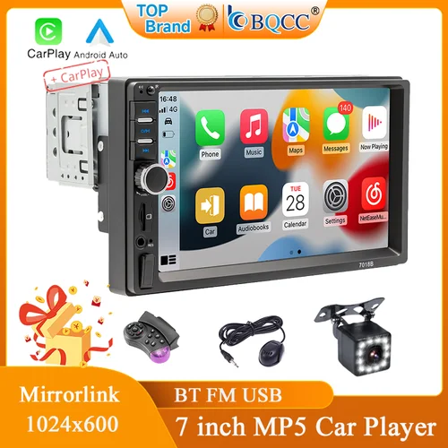 BQCC 1 Din 7 pulgadas reproductor MP5 Mirrorlink Carplay Android Auto BT FM luces de botón coloridas Radio de coche salida de vídeo para Universal