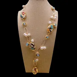Y·YING Multi Color Shell White Potato Pearl Blue Murano Glass Choker Necklace
