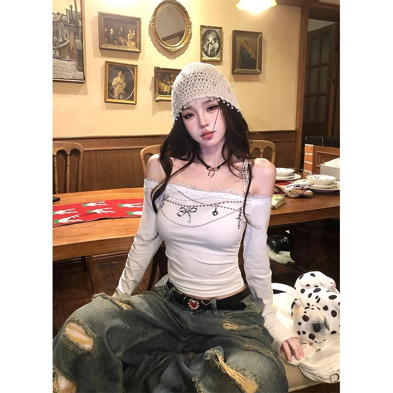 

MEXZT Y2K Slash Neck White T Shirt Women Streetwear Lace Black Crop Tops Sexy Gyaru Tees Harajuku Grunge Long Sleeve Clothes New