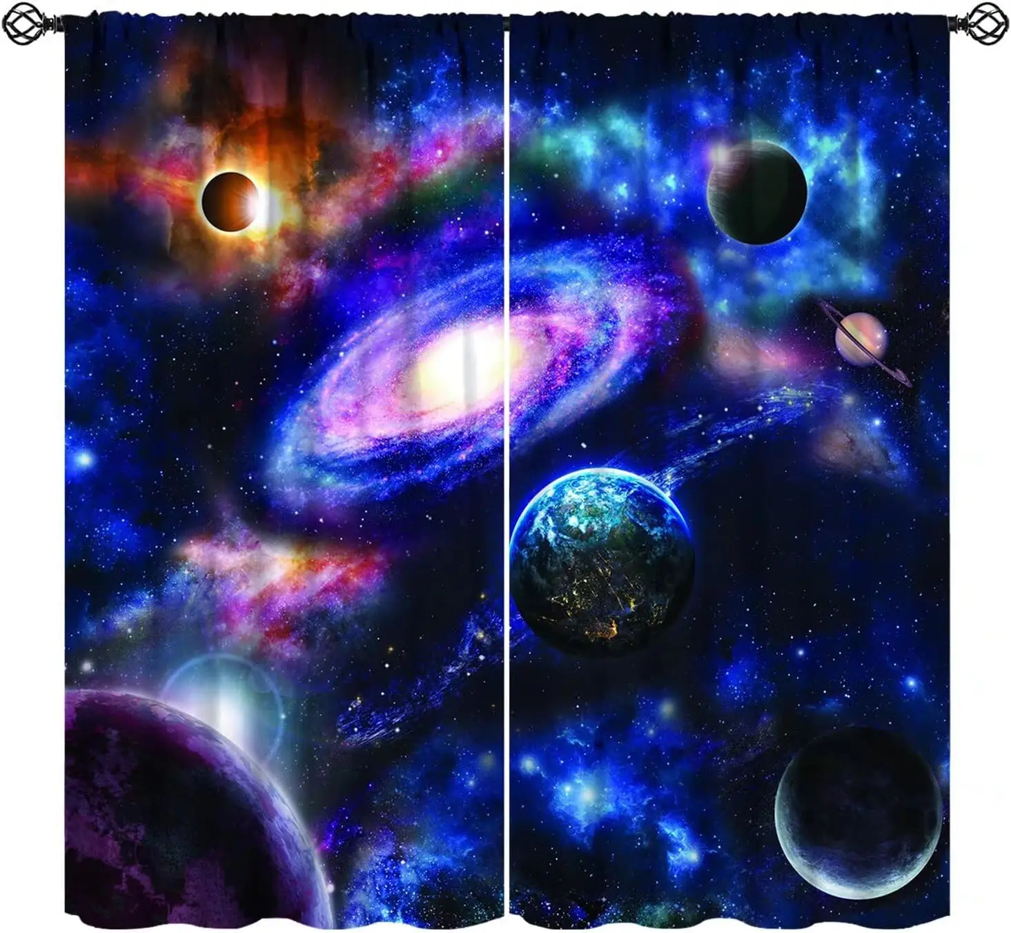 Galaxy Planet Curtains, Outer Space Universe Earth Moon Space Solar System Planet Astronomy Print Window Treatment Curtains