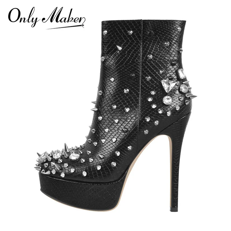 OnlyMaker Women Brand Platform Rhinestones Rivet Ankle Boots Side Zipper Round Toe Thin Heels Booties