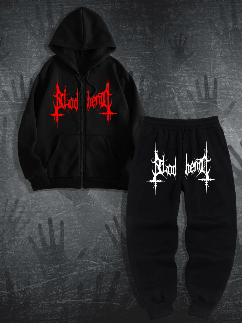

Men'S "Blood Heretic" Graphic Hoodie & Pants Set - Purple Hoodie with Skull & Cross Design, Black Pants with Skull Print