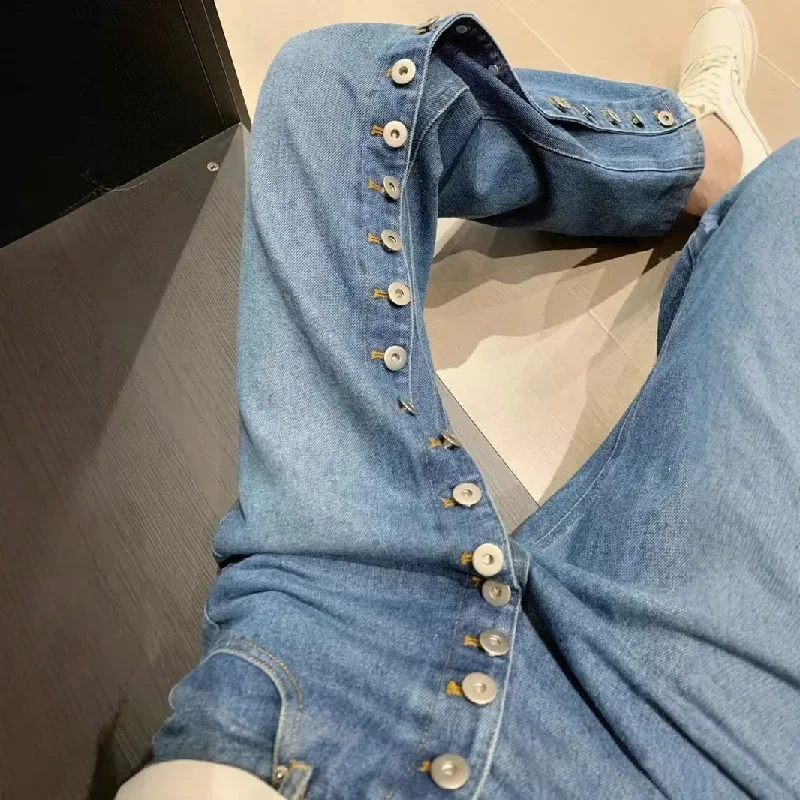 

American high street breasted design straight jeans women's autumn and winter new high waist design fashion loose slim pants.