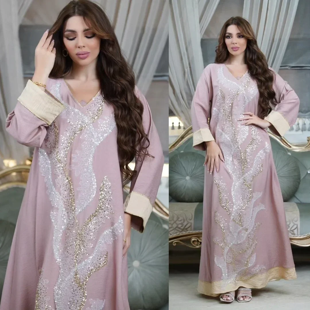 Imagem -03 - Vestido Árabe de Lantejoulas para Senhoras Abaya Longa Kaftan Dubai Túnica Muçulmana Rosa Luxo