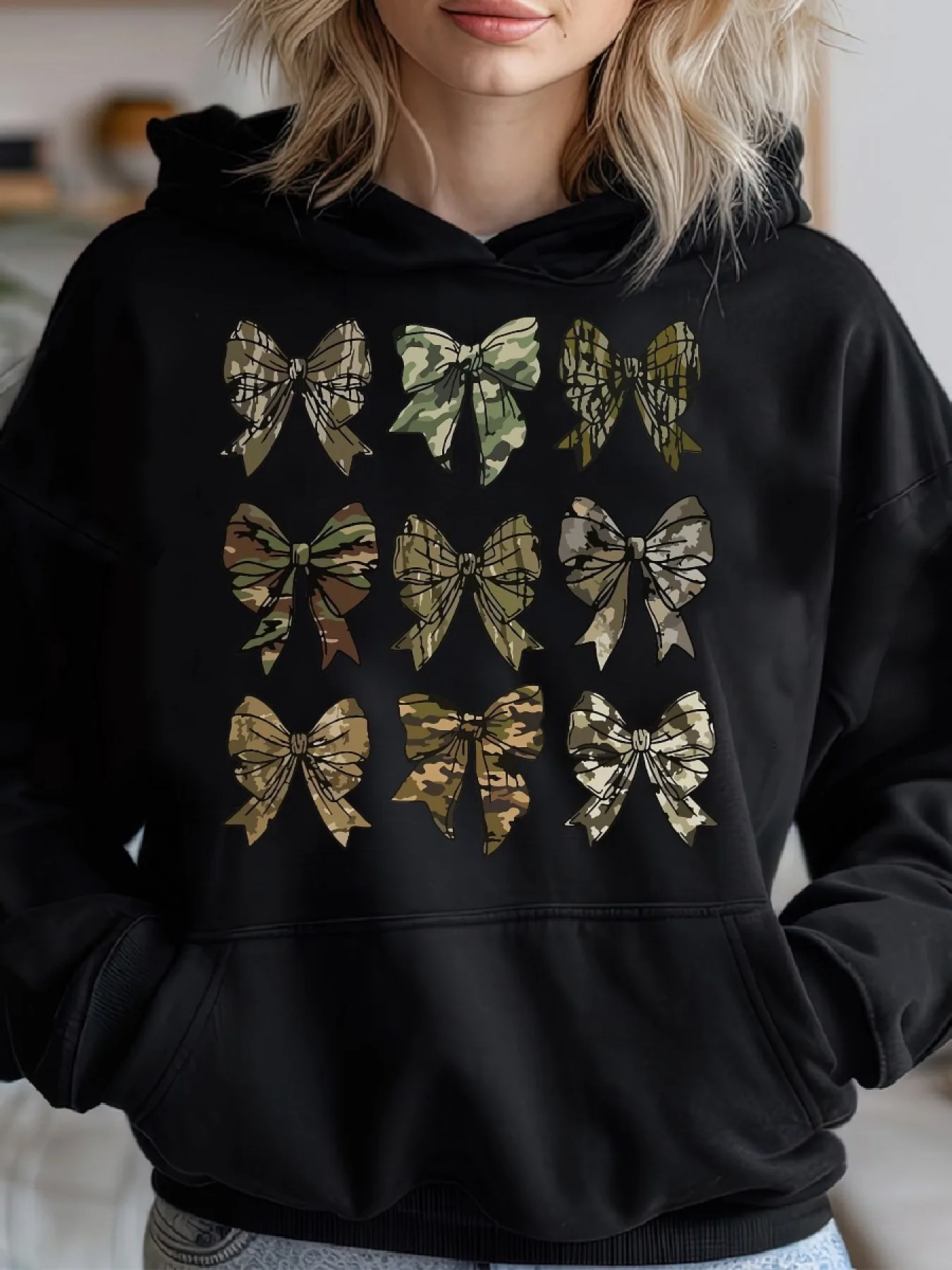 

Camo Bow Graphic Print Autumn and Winter Cotton Hoodie Outdoor Street Sports Training Brand Trendy Top Clothing