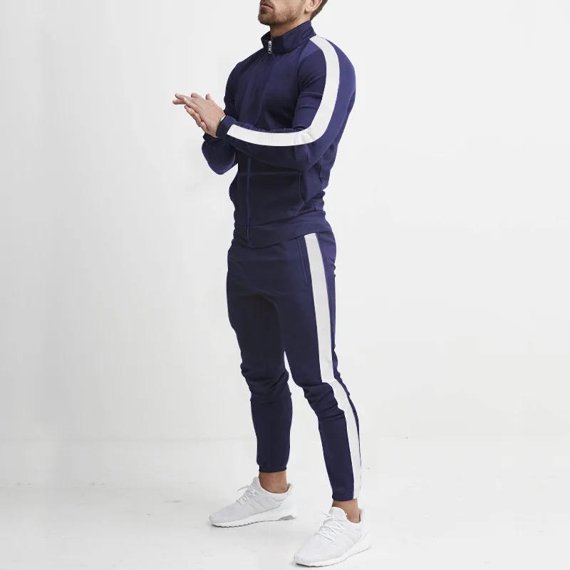 Men Spring Autumn Slim Fit Long Sleeve Trousers Casual Sports Suit European American Spliced Stand Collar Streetwear Outfit