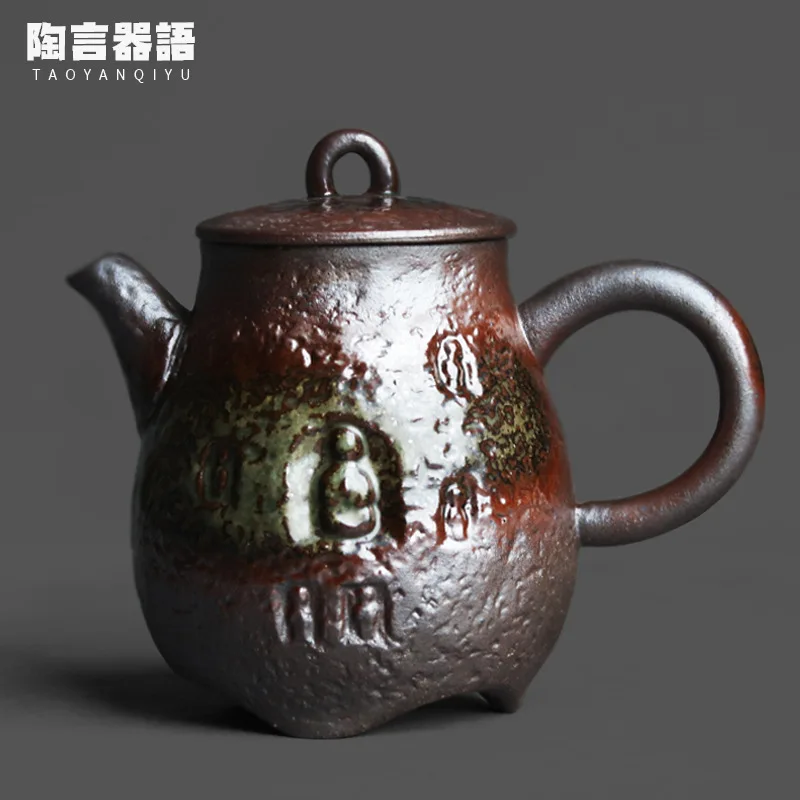 Dunhuang Ancient Charm Handheld Small Ceramic Teapot Pottery Embossed Figures Making Tea and Coffee Single Pot