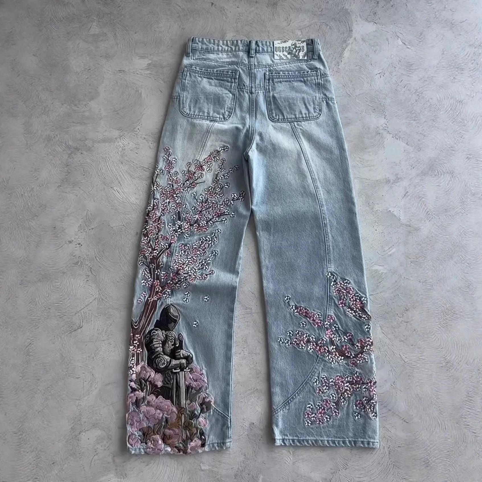 

Ретро джинсы с широкими штанинами и вышивкой, с высокой талией, в уличном стиле, длинные брюки для мужчин и женщин, модная уличная одежда