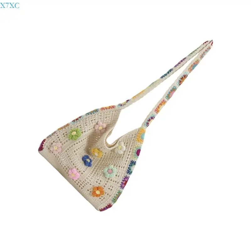 X7XC الكروشيه محجوز حقيبة صيفية الشاطئ حقيبة شاطئية النساء التجميد شبكة Hippies حقيبة كروسة حقيبة كتف جمالية