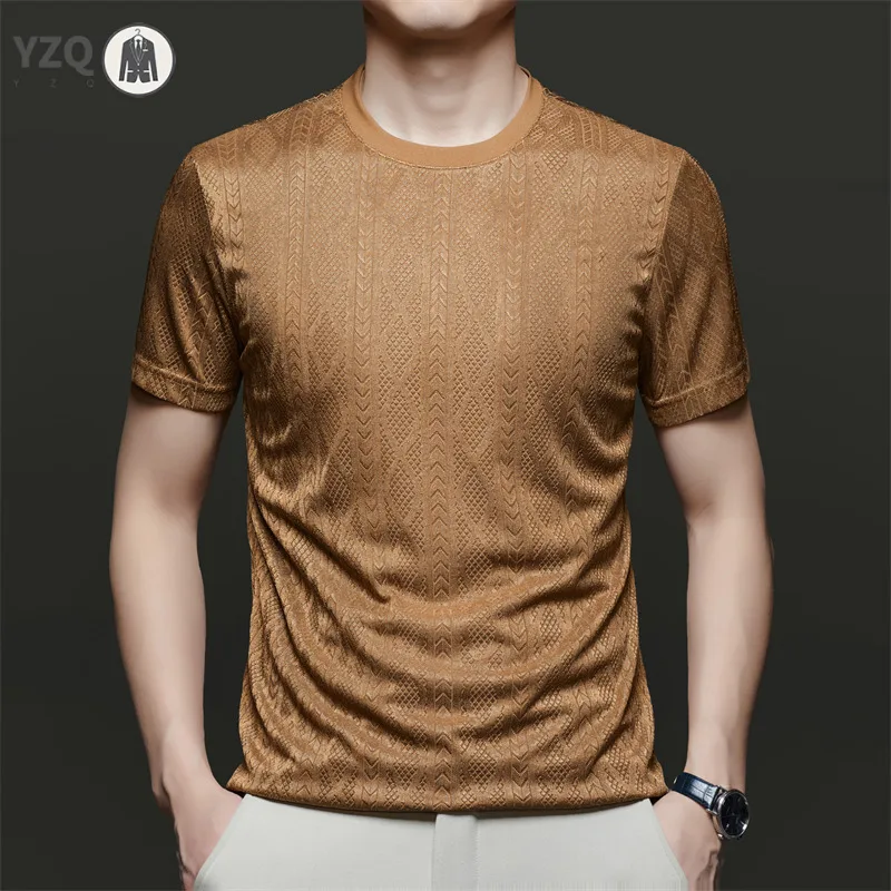 High elastic mens jacquard short sleeve shirt breathable hollow mesh cool touch thin fabric multi scene business casual garment