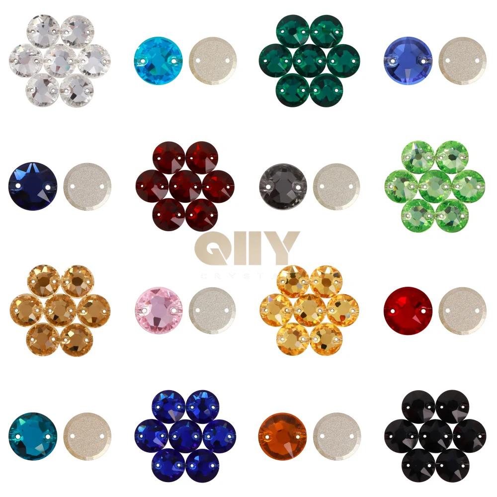 

QIIY 8B-8S Round Flat Top Glass Sew On Stones 8/10/12MM Glitter Crystal AB Rhinestones for DIY Sewing Fabric Clothes
