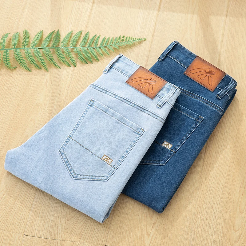 SHAN BAO Jeans Tipis Pria Muda Korea Bordir Klasik Musim Semi Musim Panas Celana Panjang Elastis Ringan Fashion Sederhana