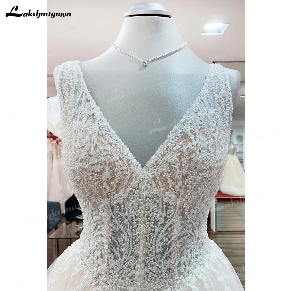 Robe de mariée longue en dentelle de tulle à col en V, train de balayage, longueur au sol en fibre, ivoire unique, charmante, princesse, printemps, été, automne