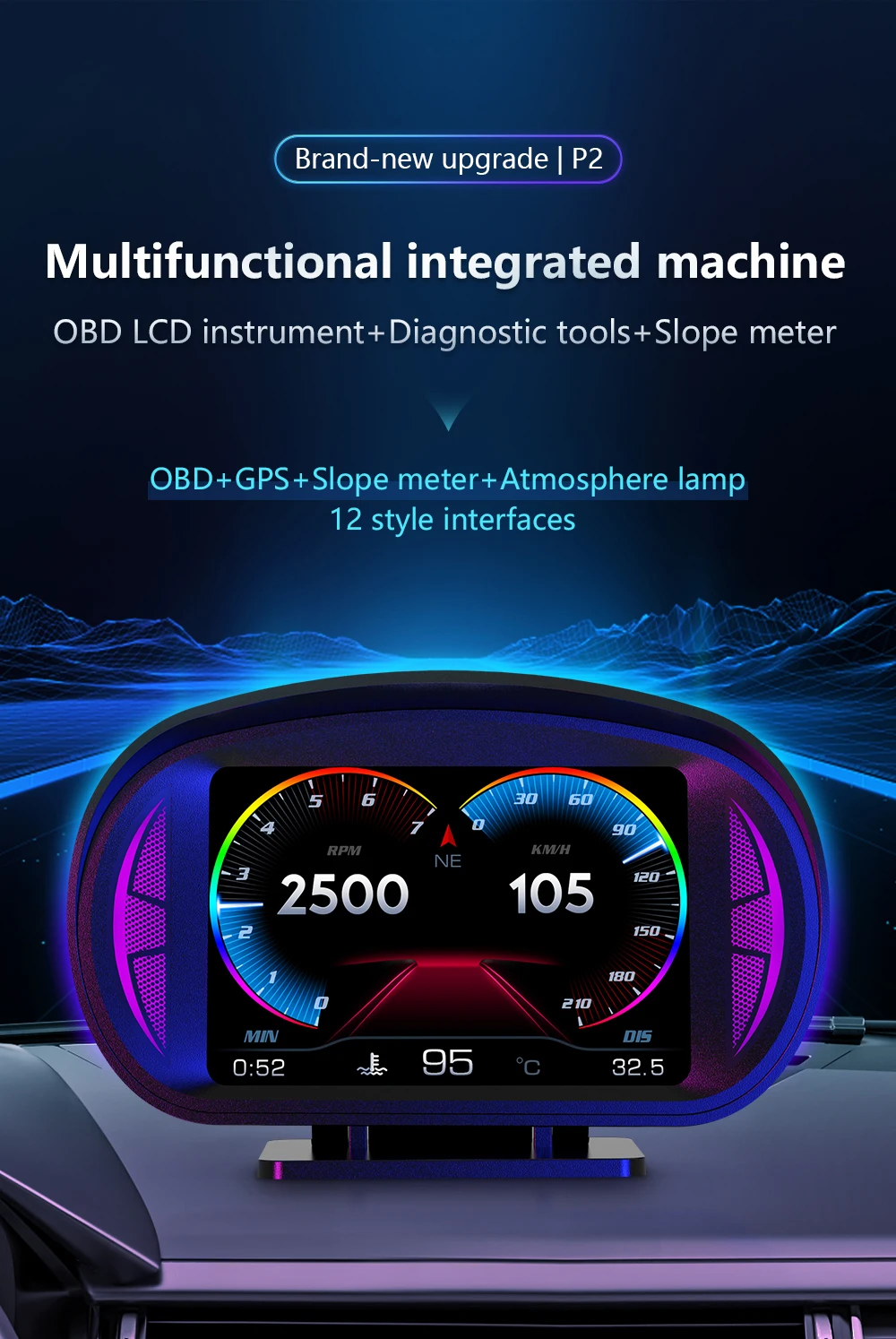 WiiYii Multii-function HUD P2 For Universal Car OBD+GPS+Slope meter+Atmosphere lamp Head up Displays with Temperature Gauge