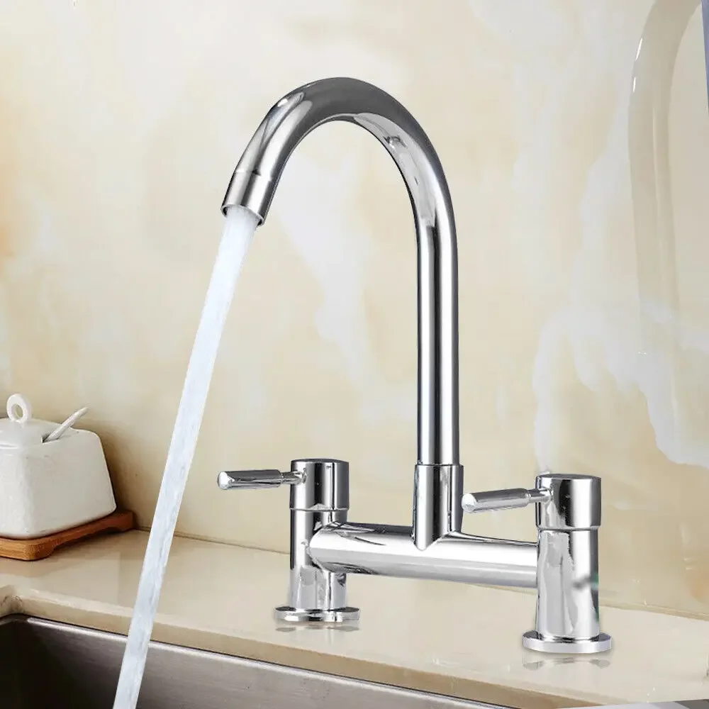 Modern Lever Double Handle Chrome Kitchen Sink Faucet Cold Hot Mixer Basin Faucet 2 Hole Pedestal Mount Faucet Kitchenware