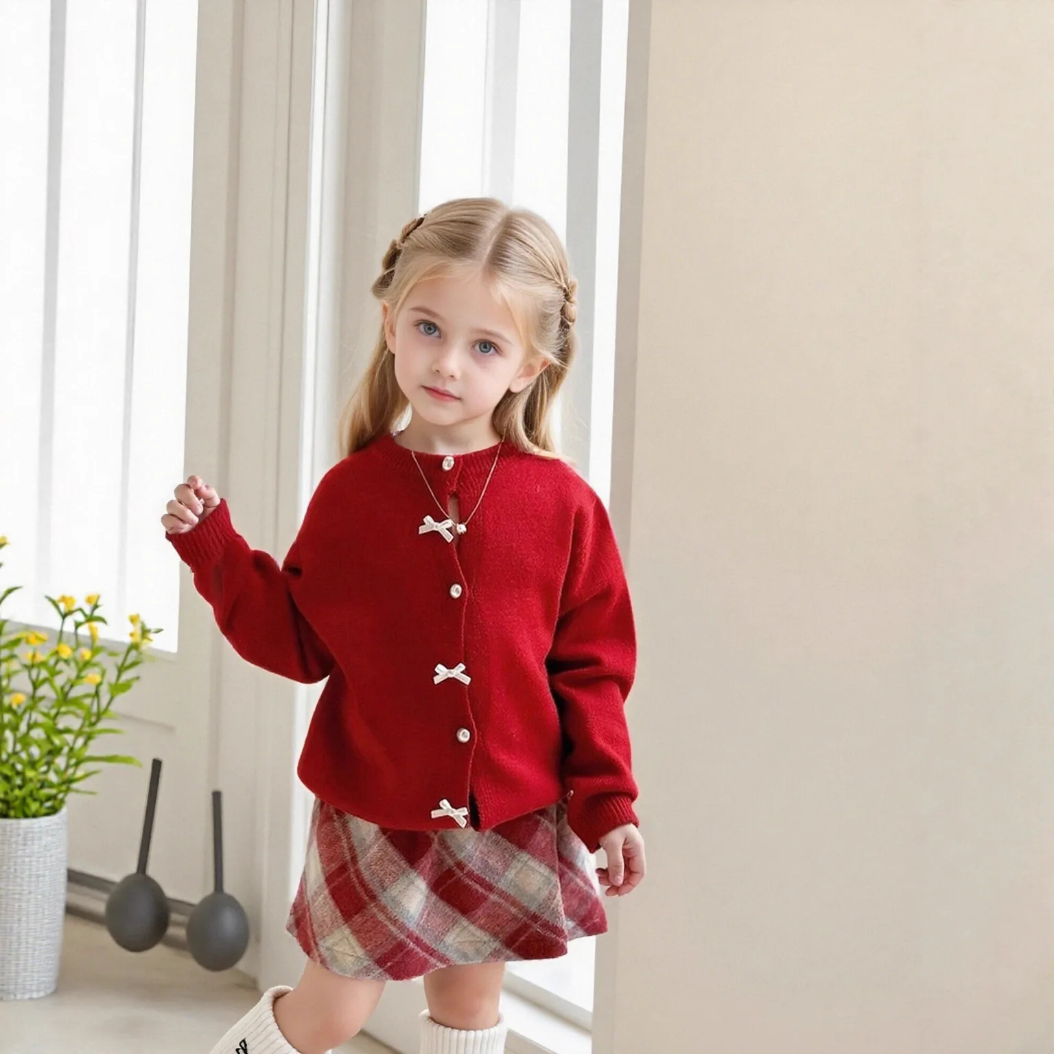 Red Plaid Medium-sized Children's Girls' Skirt  2025 New Year's Autumn and Winter High-waisted Thin Versatile A-word Short Skirt