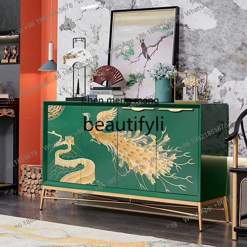 Modern light luxury new Chinese retro emerald dining side cabinet painted peacock living room entrance storage cabinetK182