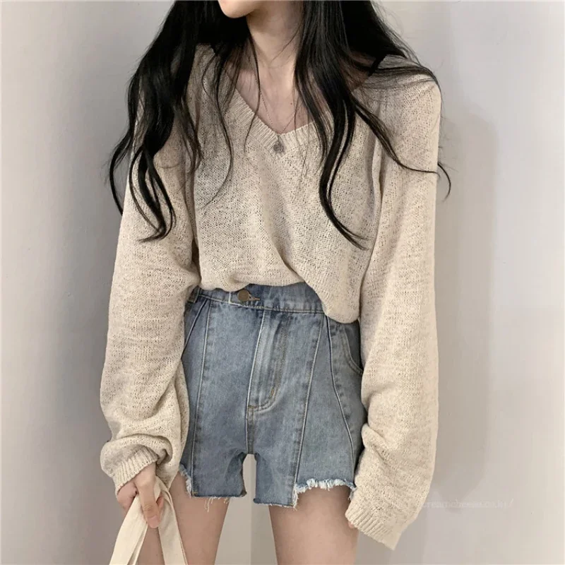 Blue V Neck Short Knit Pullover Women Spring Fall Loose Casual Long Sleeve Sweater Tops 2 Colors