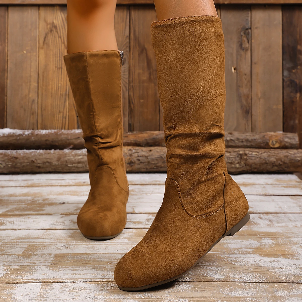 Heißer Verkauf Damen Stiefel Side Zip Mittlere Waden Stiefel Trend Wildleder Frauen Flache Stiefel Luxus Plus Größe Frauen Schuhe Hohe Qualität Botas Mujer – Detail 4