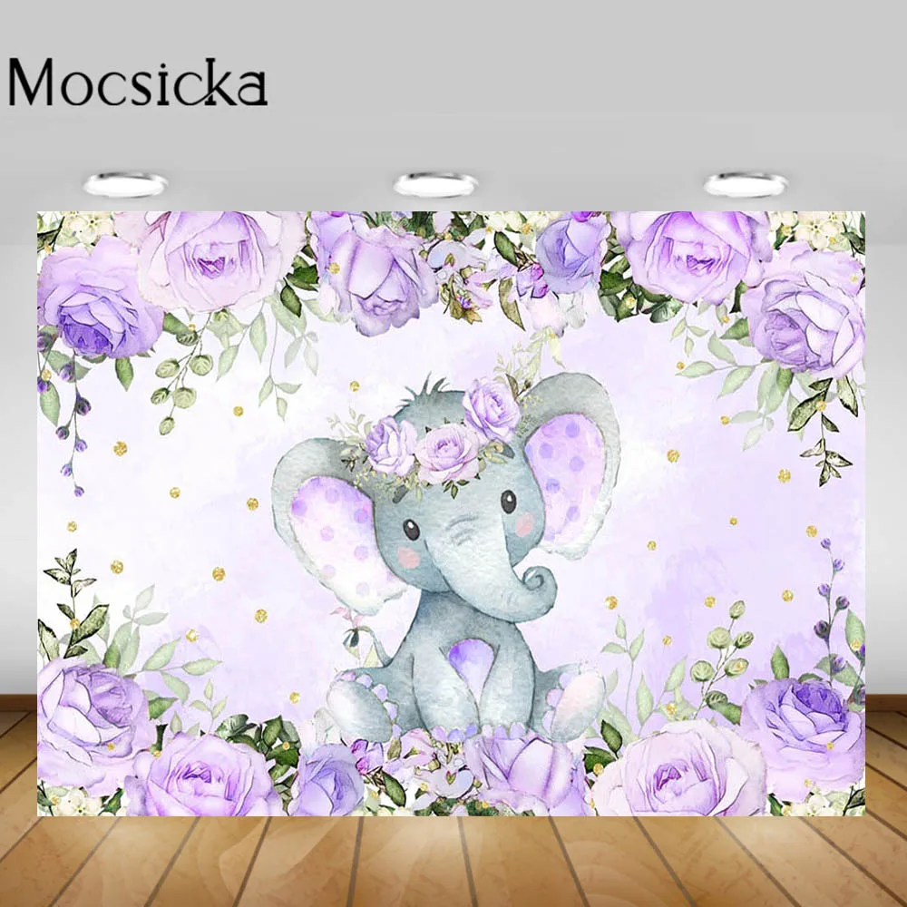 

Mocsicka Little Elephant Purple Flower Baby Shower Backdrop Newborn Child Girl Birthday Party Photo Background Banner Decoration