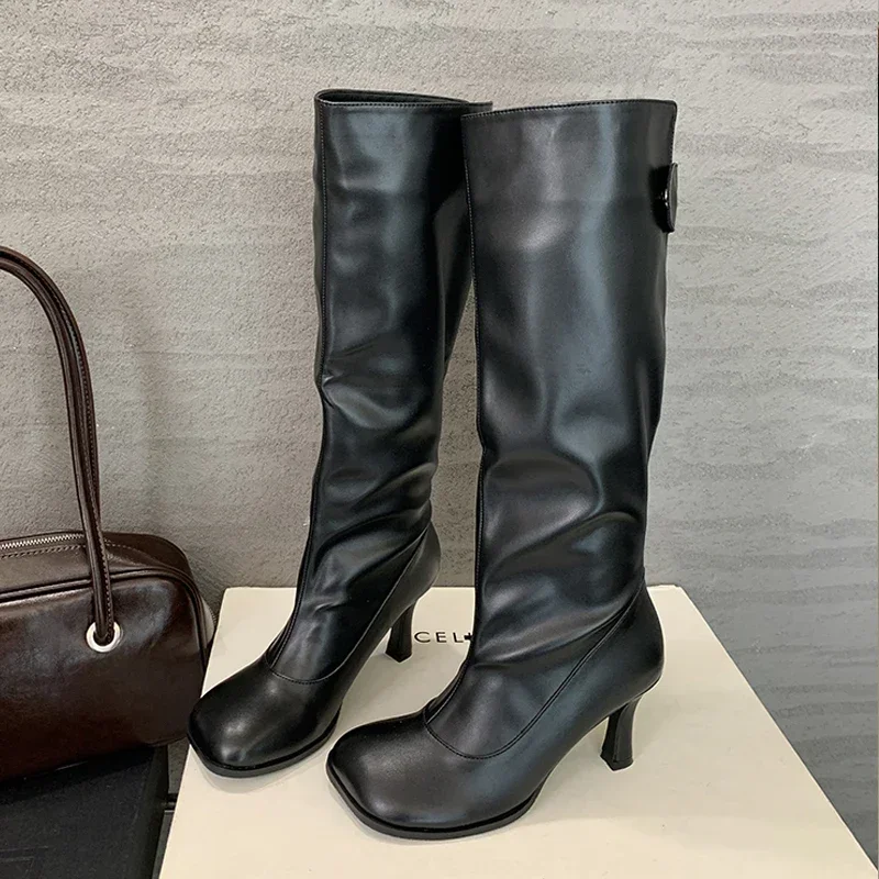 Autumn Winter Cosy Button Woman Knee-High Modern Boots Fashion Round Toe Thin Heels Ladies Long Booties Party Shoes
