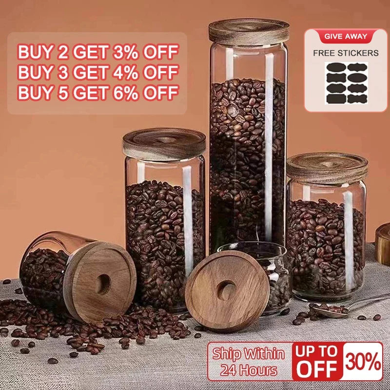 Kitchen Glass Storage Jar Glass Container Wooden Lid Sealed Candy Food Jar Container Bottle Coffee Bean Pasta Grain Oatmeal Jar