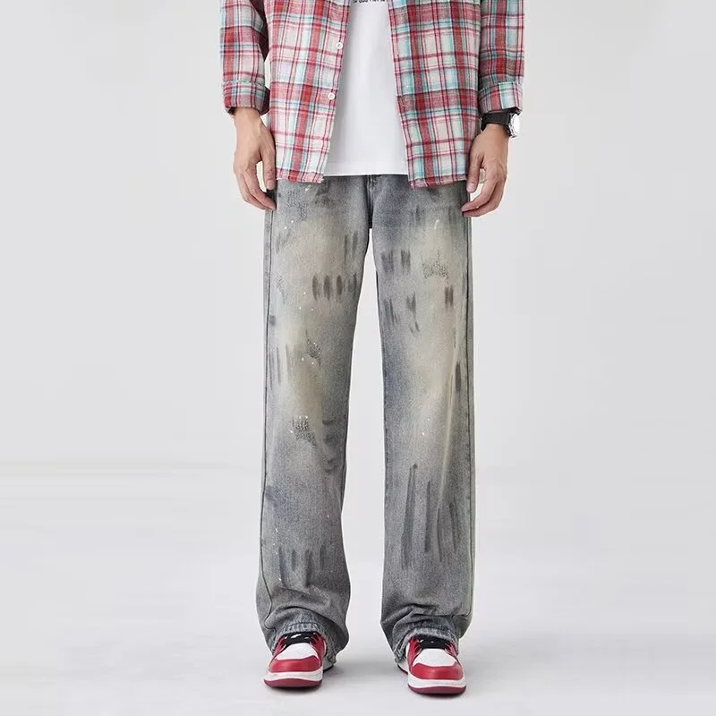Autumn Graffiti Printed Straight Leg Jeans For Man High Street Fashion Ripped Baggy Denim Pants 2025 New Hip Hop Retro Y2K Jean