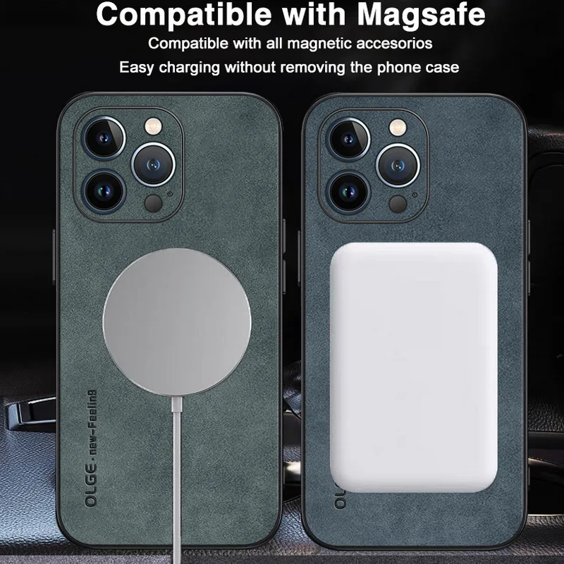 For Magsafe Wireless Charging Leather Case For iPhone 16 15 Pro Max Plus 14 13 12 Pro Max 11 Sheepskin Iron Ring Phone Cover