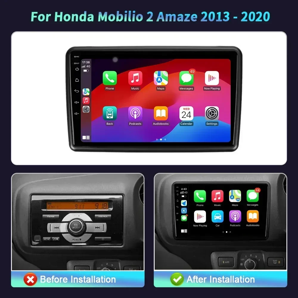 For Honda Mobilio 2 Amaze 2013-2020 Android 14 CarPlay Car Radio Multimedia Video GPS Navigation Wireless Carplay Touch Screen