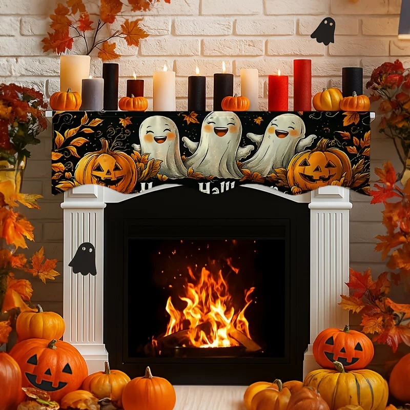 VIKAMA Halloween Fireplace Mantel Scarf Cute Ghost Pumpkin Mantel Topper Spooky Fireplace Shelf Cover Fall Home Party Decor