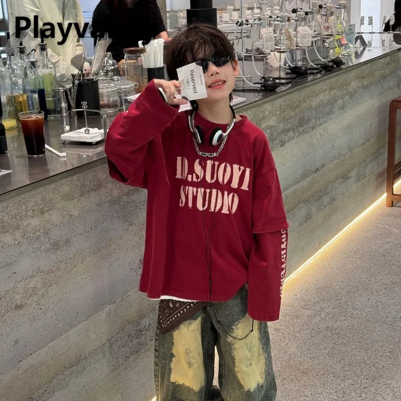 

Новая весенне-осенняя детская модная футболка для мальчиков, красная, черная, свободная футболка с длинными рукавами и буквенным принтом, детские топы из двух предметов A5062