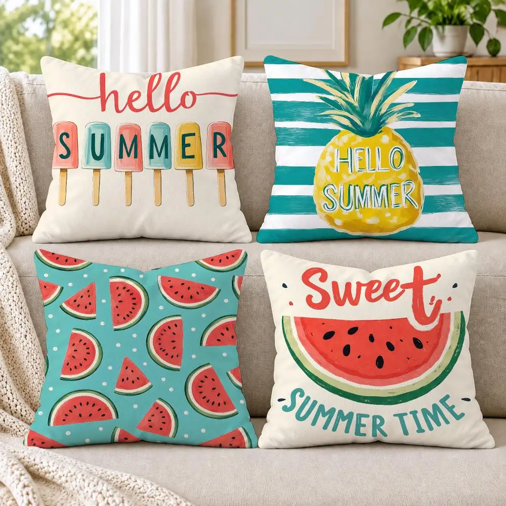 4PC Summer Hand-drawn Style Cushion Cover Soft Plush Double-Sided Print Throw Pillow Cover Home Decor for Sofa Living Room