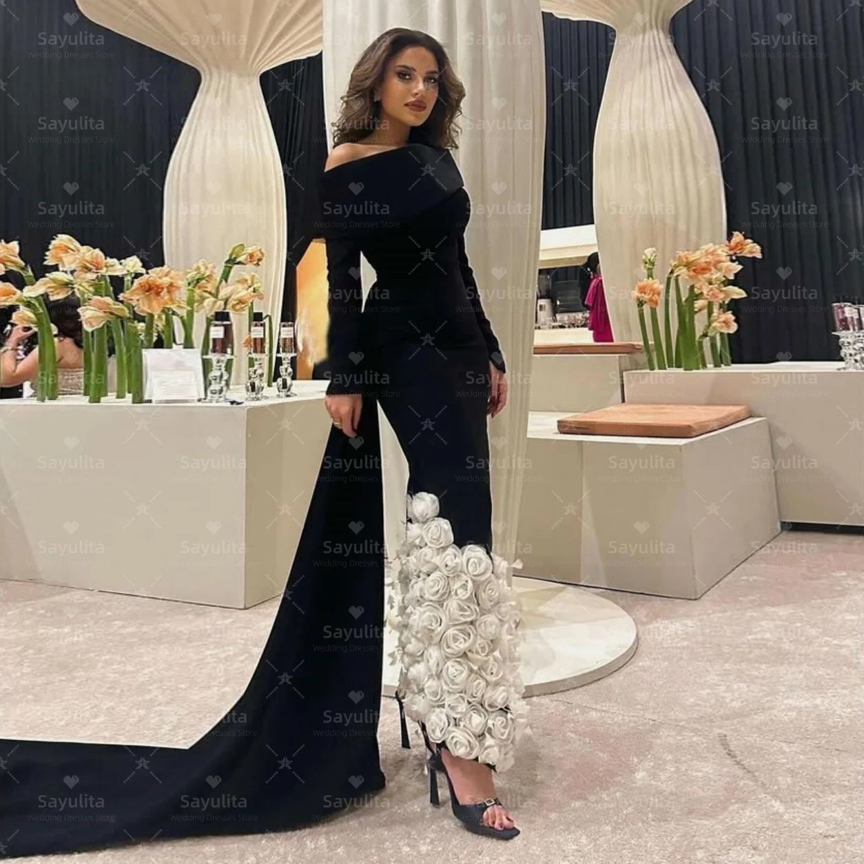 Sayulita ブラック プロムドレス 長袖 エレガント イブニング パーティー ドレス 花付き فستان سهرة نسائي カスタマイズ