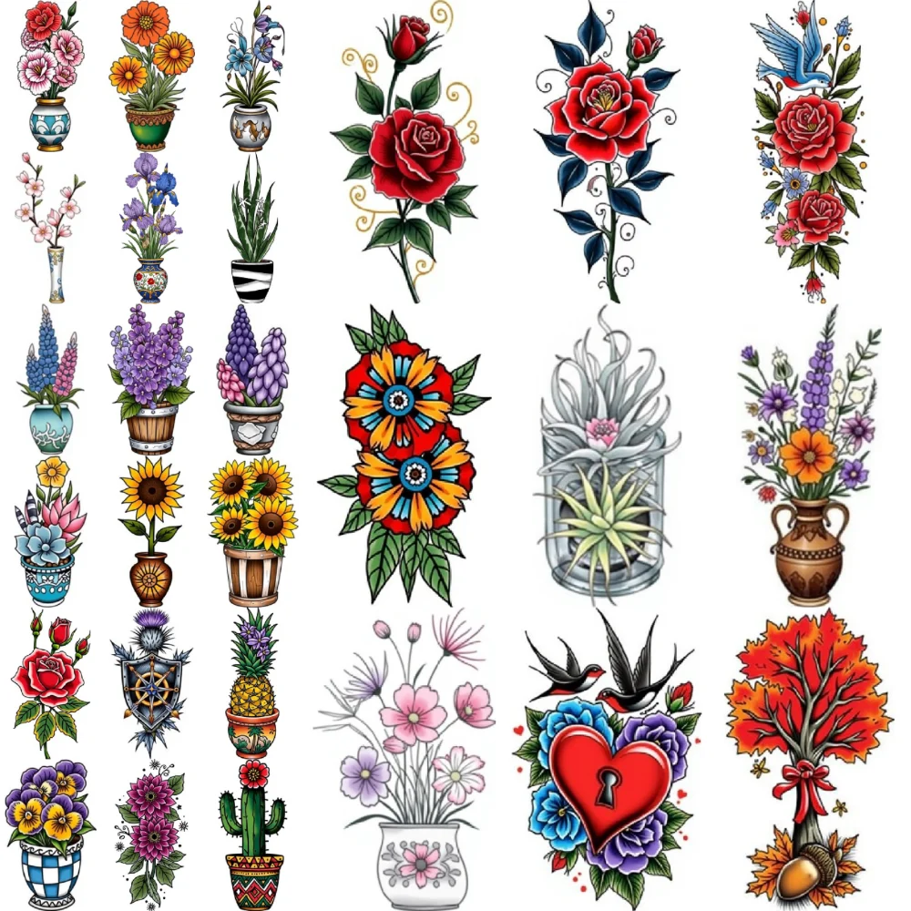 

28pcs Temporary Tattoo Temporary Tattoo Stickers Rose In Vase Pink Flower Bouquet Purple Flowers For Women Adults Chest