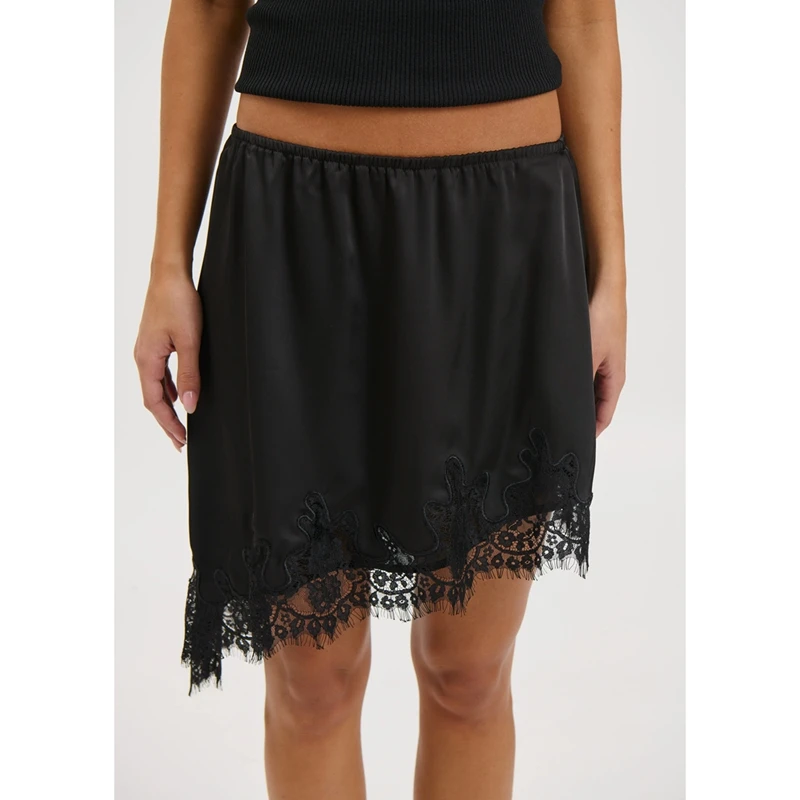 

Женская атласная шелковая юбка миди с кружевными вставками, элегантная однотонная асимметричная юбка до колена с эластичной талией, шелковистая.