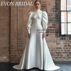 EVON BRIDAL Muçulmano Vestidos De Casamento Para Mulheres Longo Sopro Mangas De Noiva De Cetim Vestido De Noiva Alto Pescoço платье женское вечернее Custom Made Mulher muçulmana vestido de casamento com manga de bolha