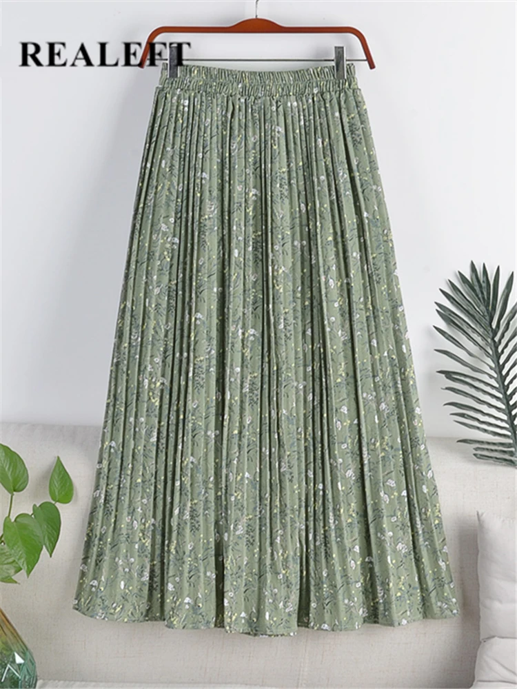 REALEFT Summer New 2022 Vintage Floral Print Tulle Pleated Women's Mi-Long Skirts Chiffon High Waist Loose Female Umbrella Skirt