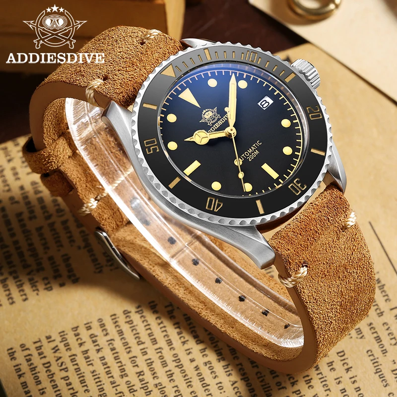 ADDIESDIVE Business Vintage Leather Men Automatic WristWatch European American NH35 Sapphire 200M Dive Mechanical Watches