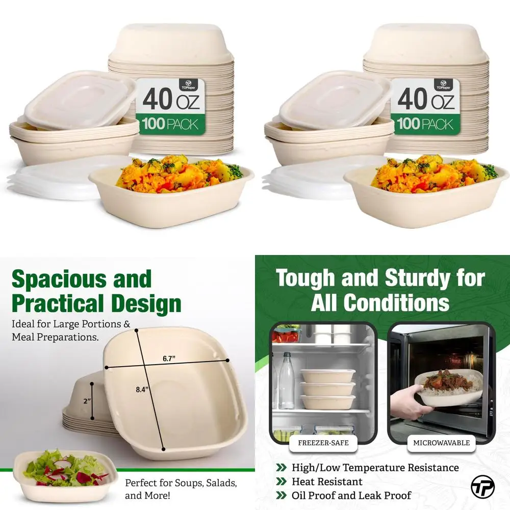 

100 Pack 40 Oz Large Compostable Paper Bowls with Lids, Heavy Duty Disposable for Parties, Safe for Microwave, Suitable for Hot/