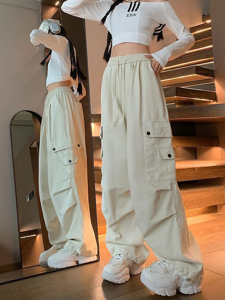 Zoki Y2K Women Streetwear Cargo Pants Vintage Pockets High Waist Trousers American Harajuku Casual Loose Bf Wide Leg Pants New