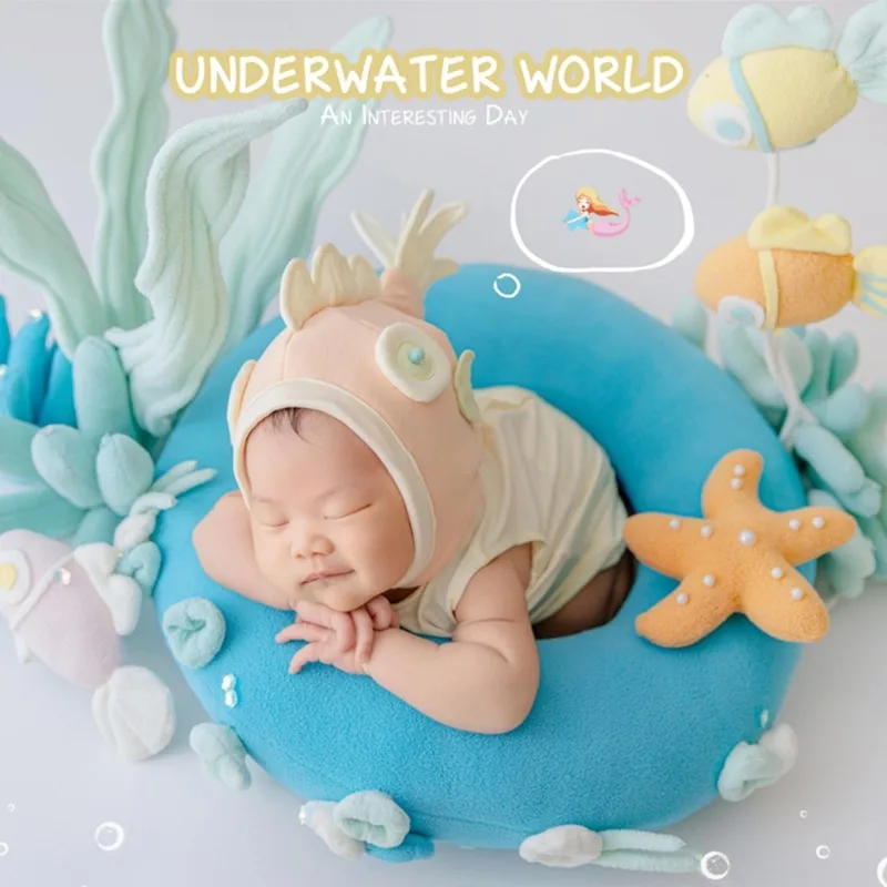 ❤️Newborn Photography Clothes Outfits Hat+Jumpsuit+Circle+Seaweed+Coral+Fish+Starfish Studio Baby Photo Props Accessories