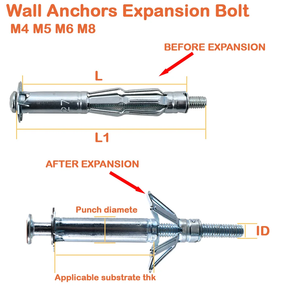 Anclajes de pared huecos M4 M5 M6 M8, tornillo de expansión para tablero de yeso, fijación de tornillo de pared, Kit de tornillos de expansión de Metal para tablero de yeso