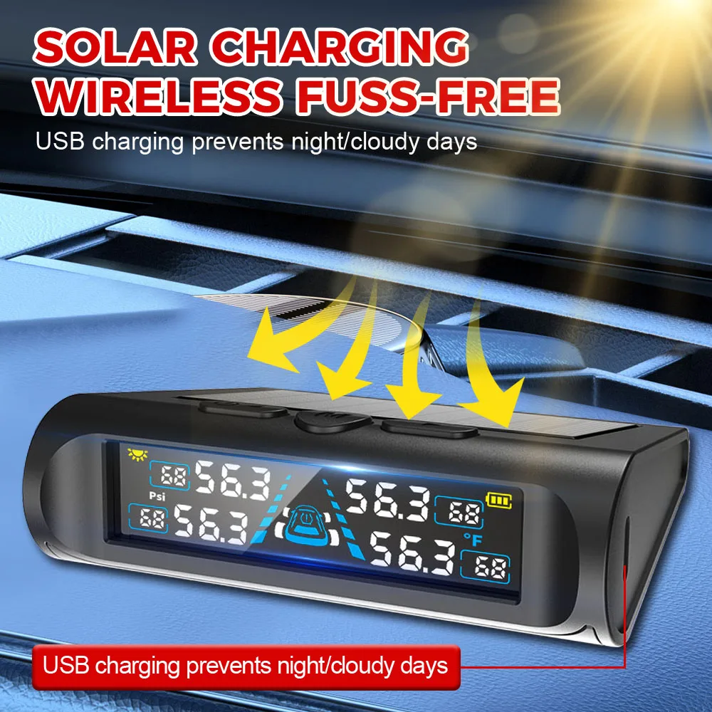 Car Tire Pressure Monitoring System T21 Tyre Temperature Monitor Digital Display ​Auto Security Alarm Systems USB / Solar TPMS