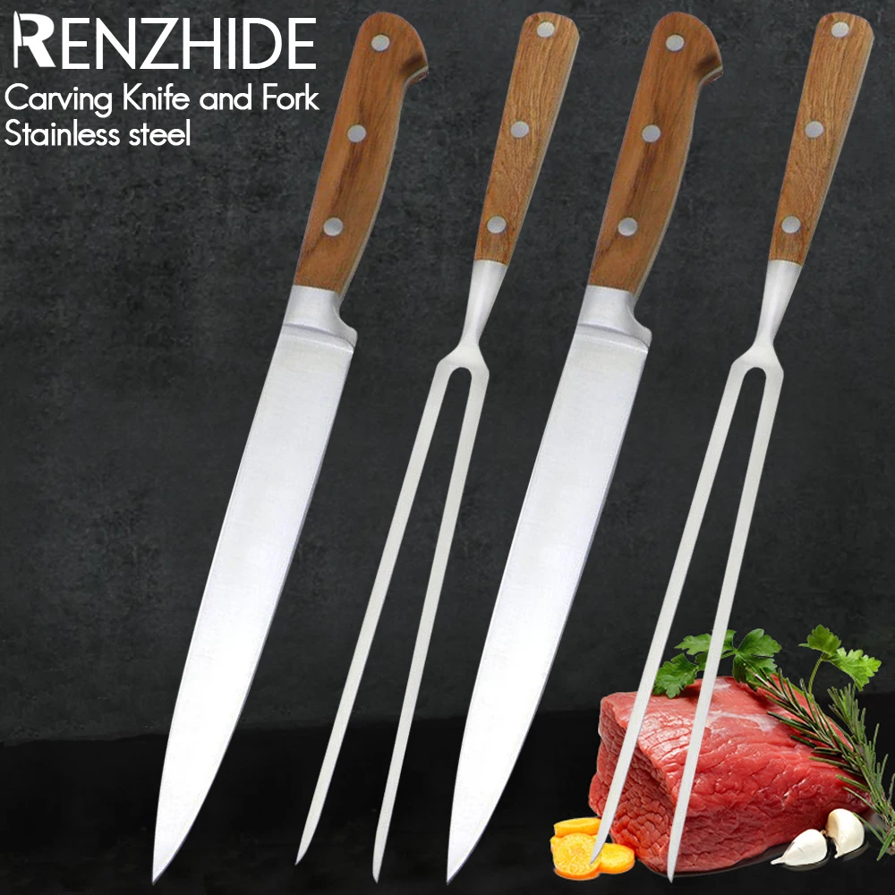 

RZD Carving Knife Fork Set Stainless Steel Japanese Teppanyaki Korea BBQ Slicing Grill Meat Steak Roast Beef Vegetable Tools