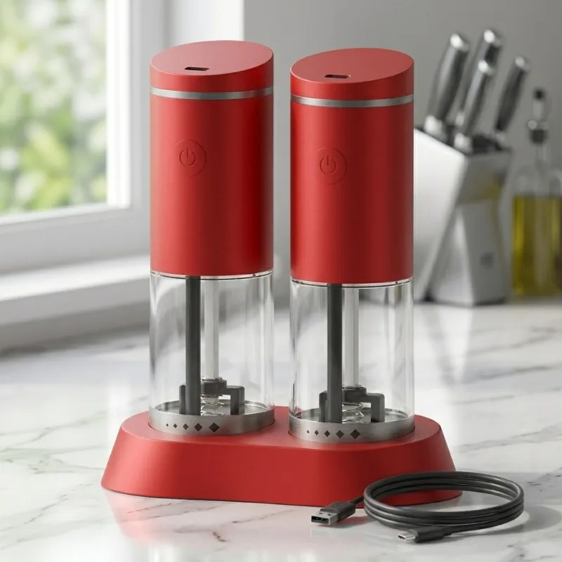 Electric salt and pepper grinder 2 pieces, rechargeable, wireless operation, one-button, automatic adjustment of roughness