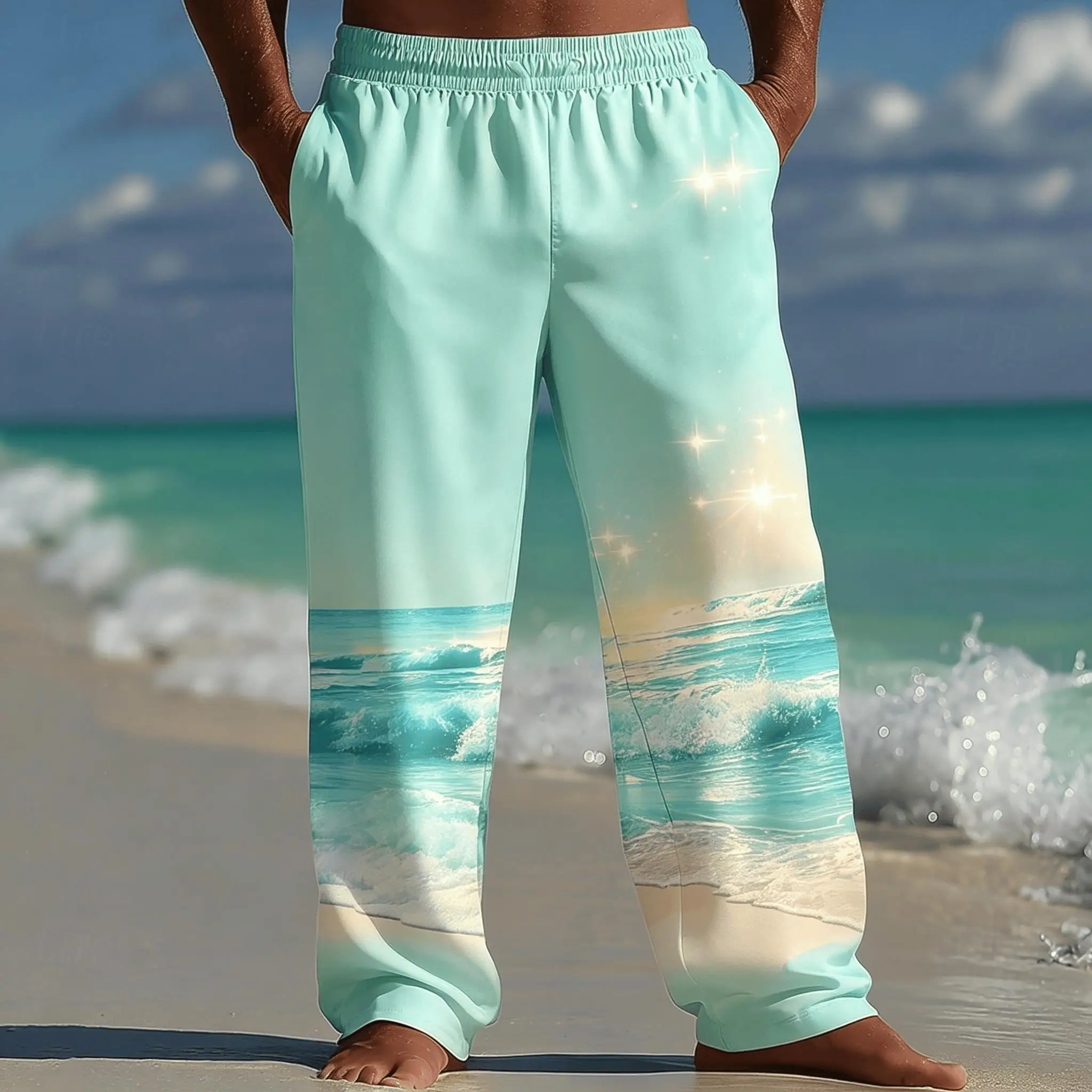 

Men's Beach Wave Print Drawstring Pants, Casual Gradient Turquoise Straight Leg Trousers For Spring Summer Vacation